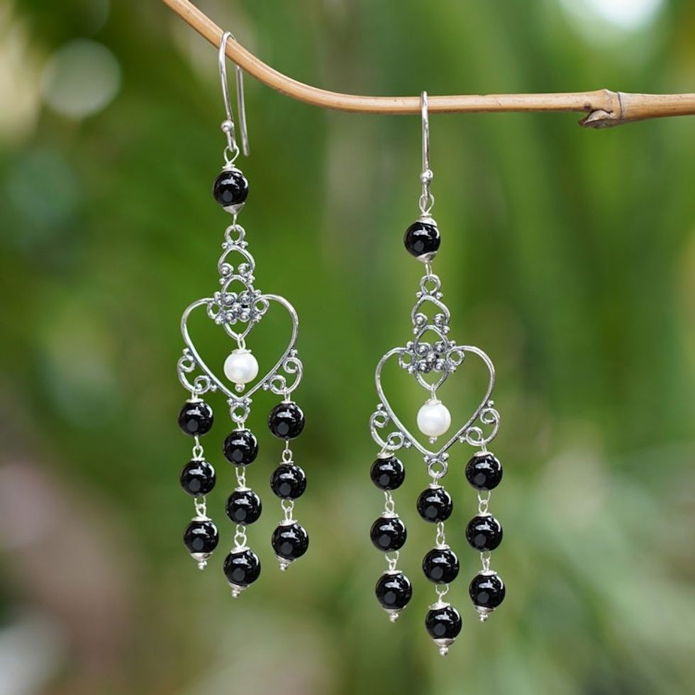 Onyx and Cultured Pearl Heart-Shaped Earrings from Bali 'Purified Love'