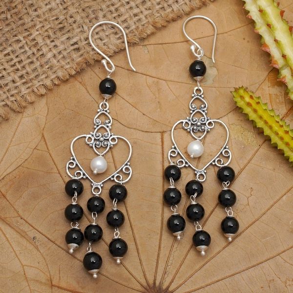Alternate image for Onyx and Cultured Pearl Heart-Shaped Earrings from Bali Purified Love