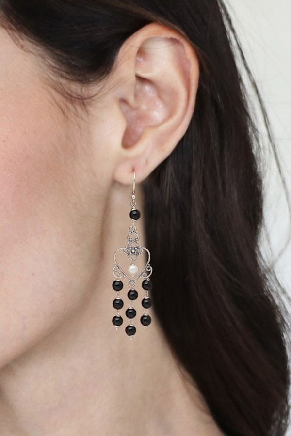Alternate image for Onyx and Cultured Pearl Heart-Shaped Earrings from Bali Purified Love