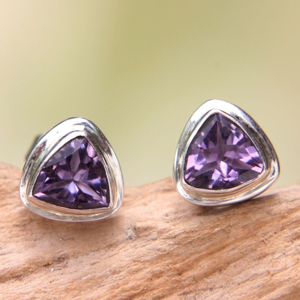 Artisan Crafted Amethyst and Sterling Silver Stud Earrings 'Purple Trinity'