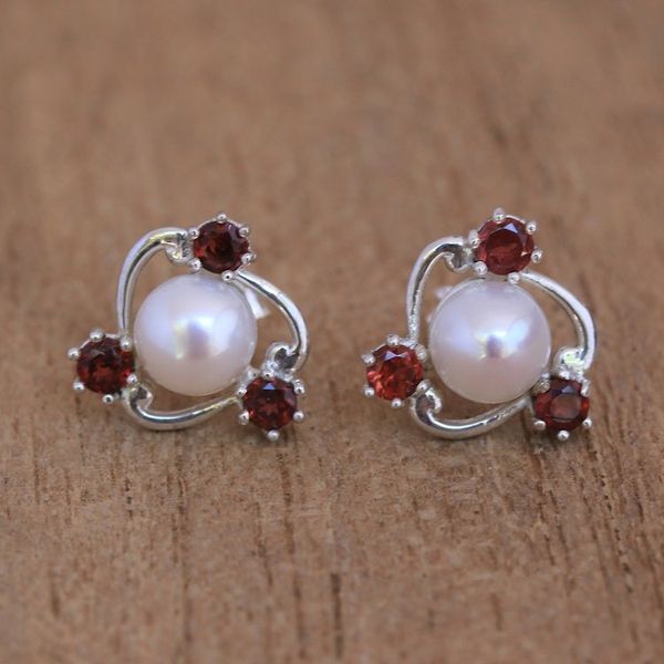 Alternate image for Cultured Pearl and Garnet Stud Earrings from Bali Sparks Fly