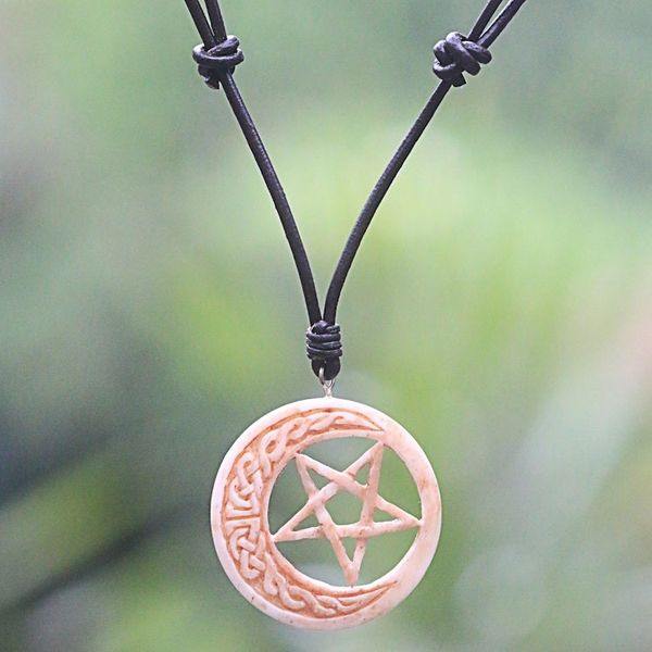 Alternate image for Hand Carved Moon and Star Necklace in Leather and Bone Celtic Moon Star