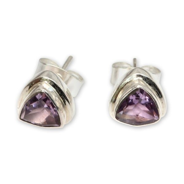 Alternate image for Artisan Crafted Amethyst and Sterling Silver Stud Earrings Purple Trinity