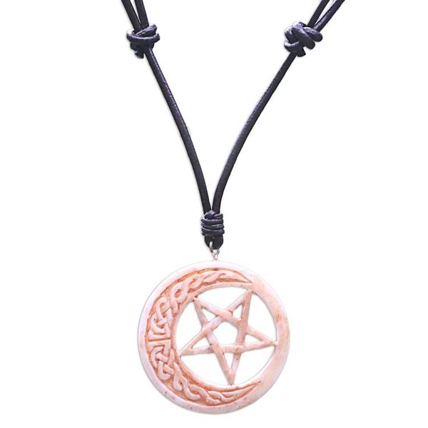 Alternate image for Hand Carved Moon and Star Necklace in Leather and Bone Celtic Moon Star