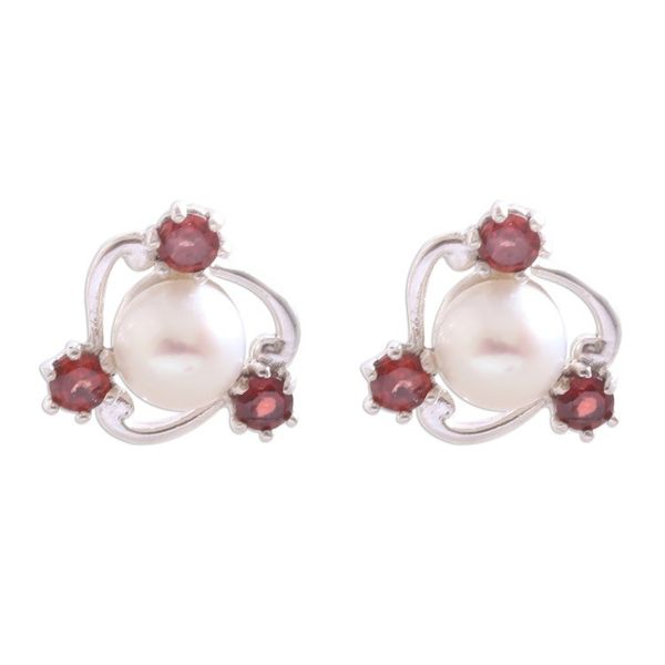 Alternate image for Cultured Pearl and Garnet Stud Earrings from Bali Sparks Fly
