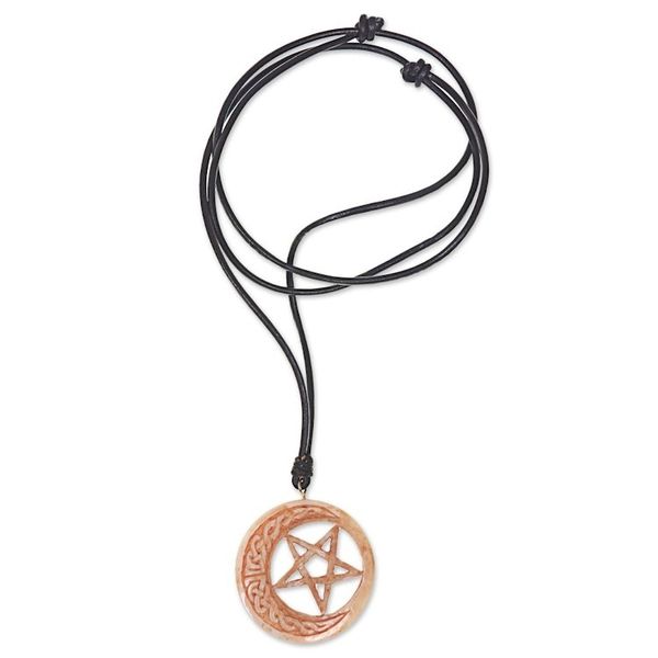 Alternate image for Hand Carved Moon and Star Necklace in Leather and Bone Celtic Moon Star