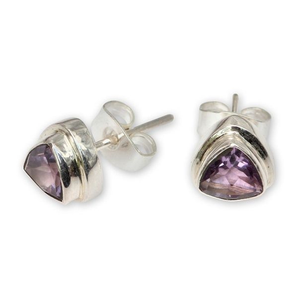 Alternate image for Artisan Crafted Amethyst and Sterling Silver Stud Earrings Purple Trinity
