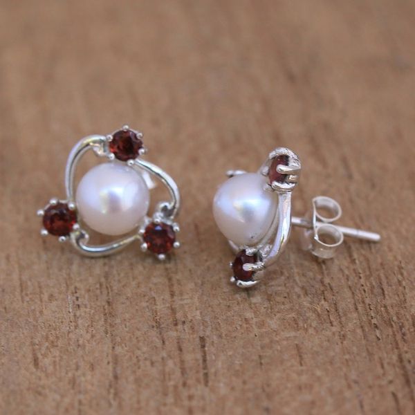 Alternate image for Cultured Pearl and Garnet Stud Earrings from Bali Sparks Fly