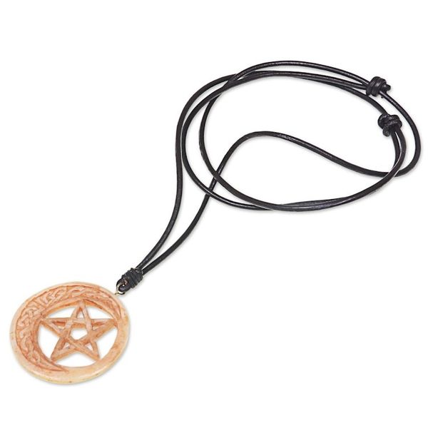 Alternate image for Hand Carved Moon and Star Necklace in Leather and Bone Celtic Moon Star