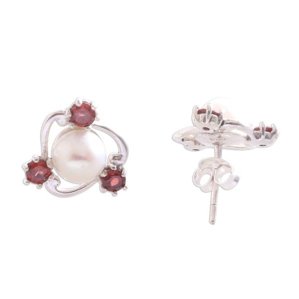 Alternate image for Cultured Pearl and Garnet Stud Earrings from Bali Sparks Fly
