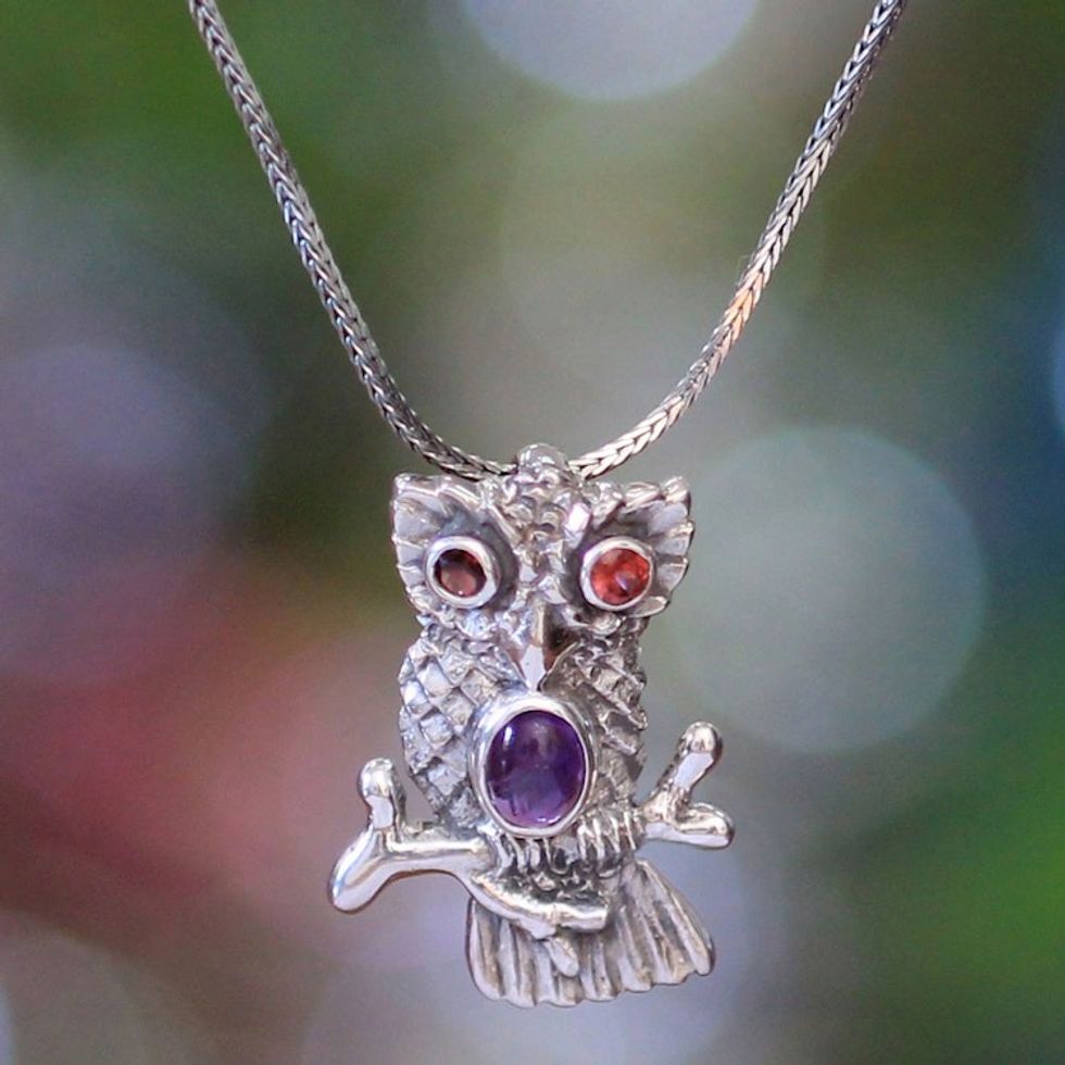 Sterling Silver and Amethyst Pendant Necklace 'Wise Owl'