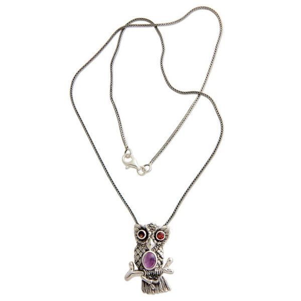 Alternate image for Sterling Silver and Amethyst Pendant Necklace Wise Owl