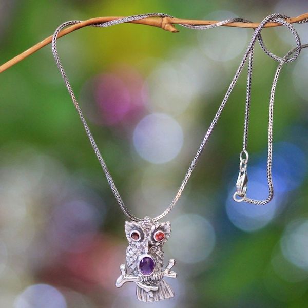 Alternate image for Sterling Silver and Amethyst Pendant Necklace Wise Owl
