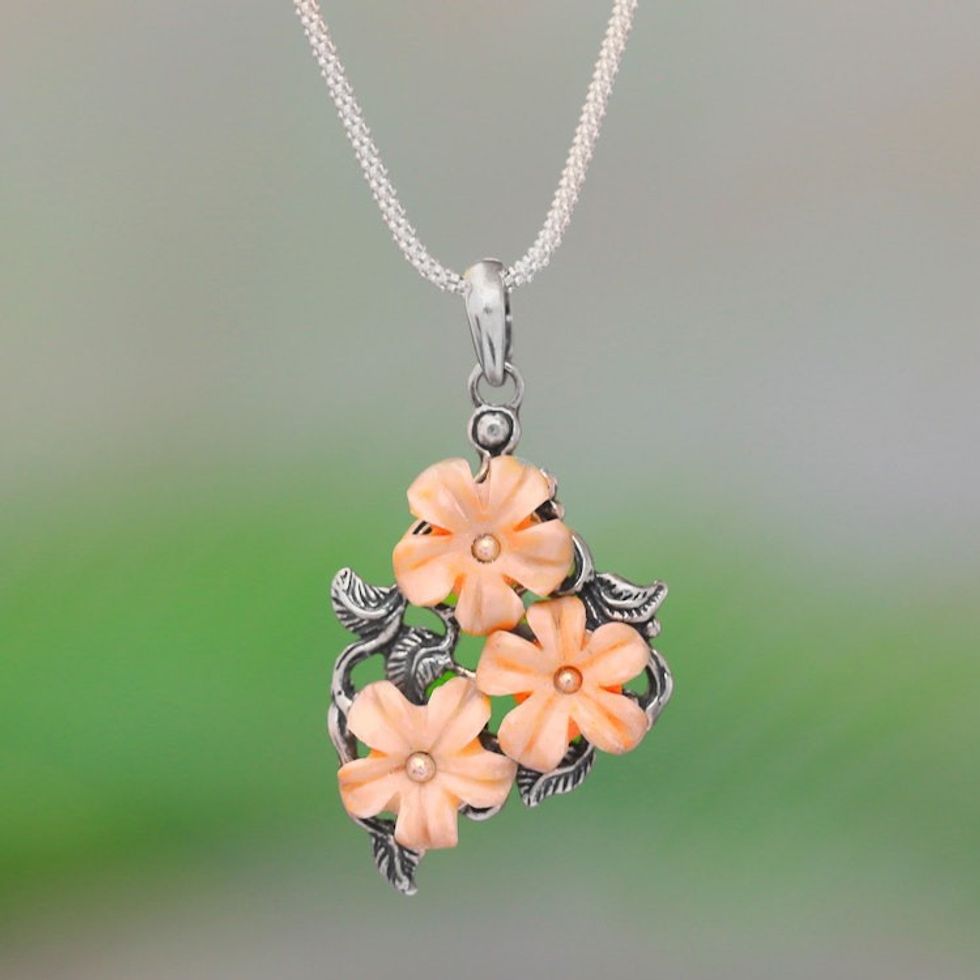 Floral Sterling Silver and Bone Pendant Necklace from Java 'Plumeria Trio'