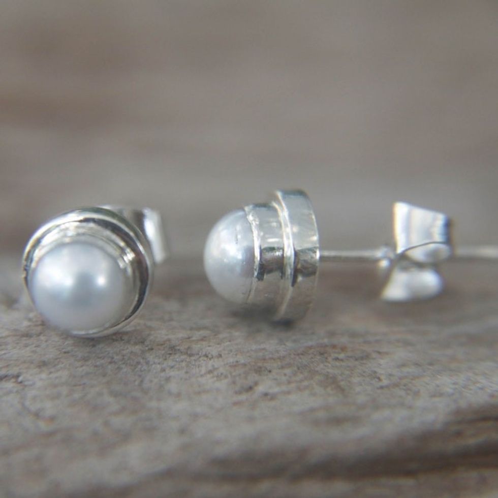 Sterling Silver Pearl Stud Earrings 'Brilliant Moon'