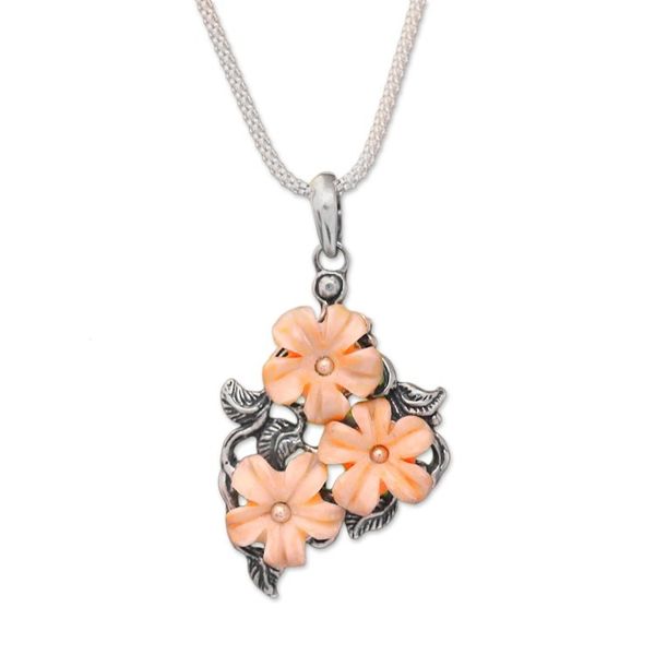 Alternate image for Floral Sterling Silver and Bone Pendant Necklace from Java Plumeria Trio
