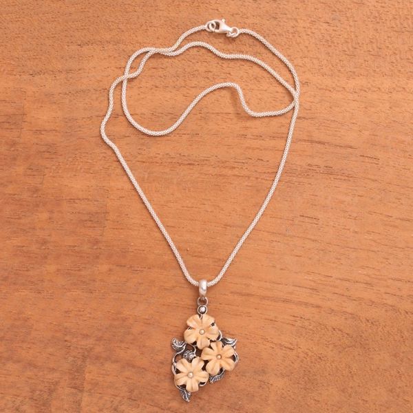 Alternate image for Floral Sterling Silver and Bone Pendant Necklace from Java Plumeria Trio
