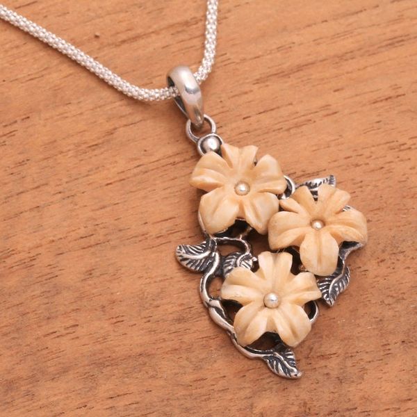 Alternate image for Floral Sterling Silver and Bone Pendant Necklace from Java Plumeria Trio
