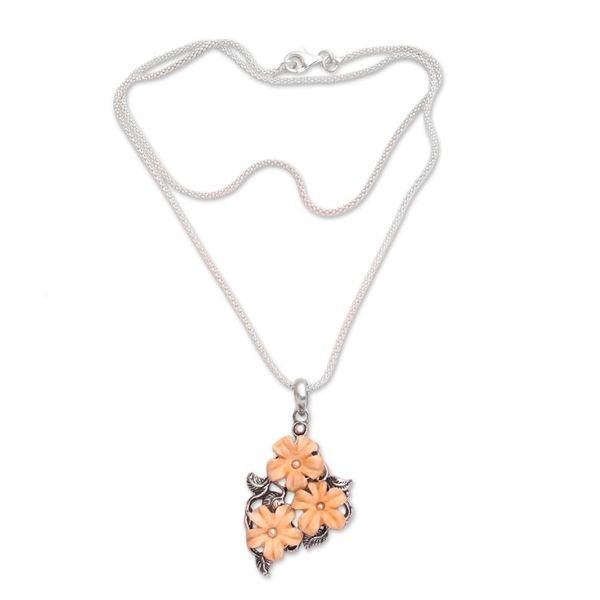 Alternate image for Floral Sterling Silver and Bone Pendant Necklace from Java Plumeria Trio
