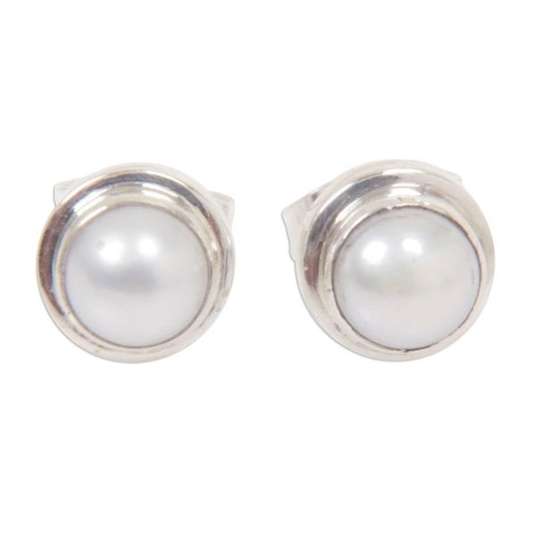 Alternate image for Sterling Silver Pearl Stud Earrings Brilliant Moon