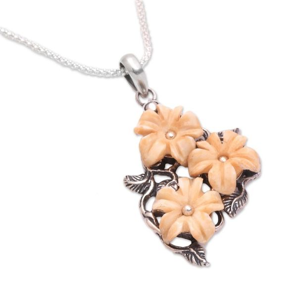 Alternate image for Floral Sterling Silver and Bone Pendant Necklace from Java Plumeria Trio
