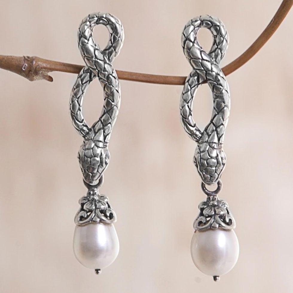 Sterling Silver and Cultured Freshwater Pearl Snake Earrings 'Snake Charms'
