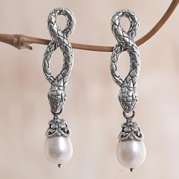 Alternate image for Sterling Silver and Cultured Freshwater Pearl Snake Earrings Snake Charms