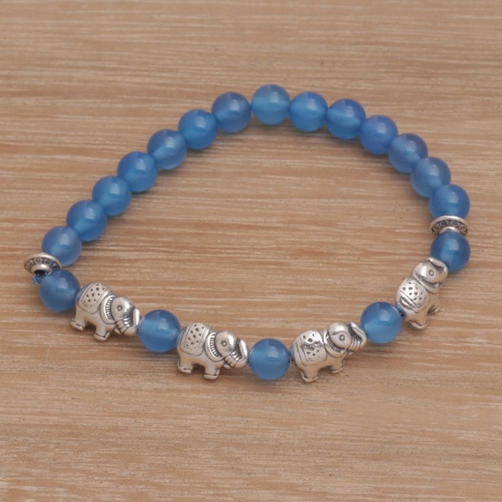 Balinese Agate and Sterling Silver Beaded Stretch Bracelet 'Elephant Cavalcade in Blue'