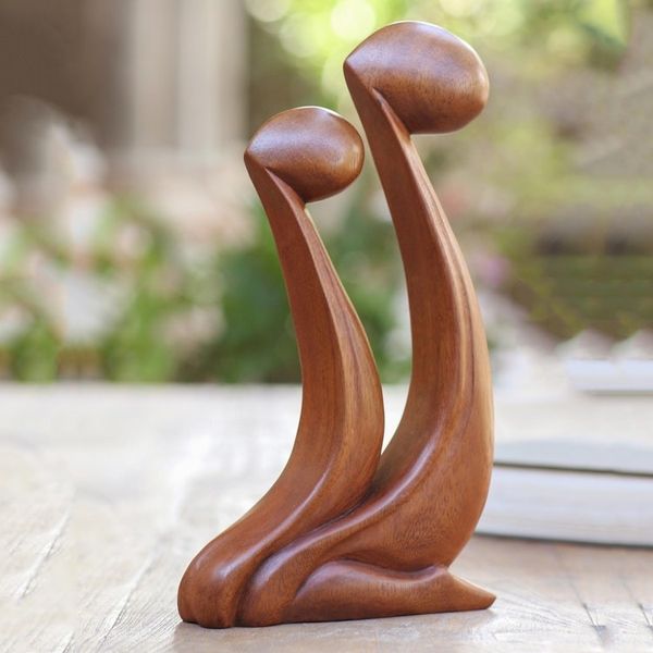 Alternate image for Parent and Child Hand Carved Suar Wood Sculpture Star Gazing