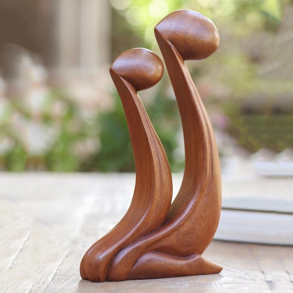 Parent and Child Hand Carved Suar Wood Sculpture 'Star Gazing'