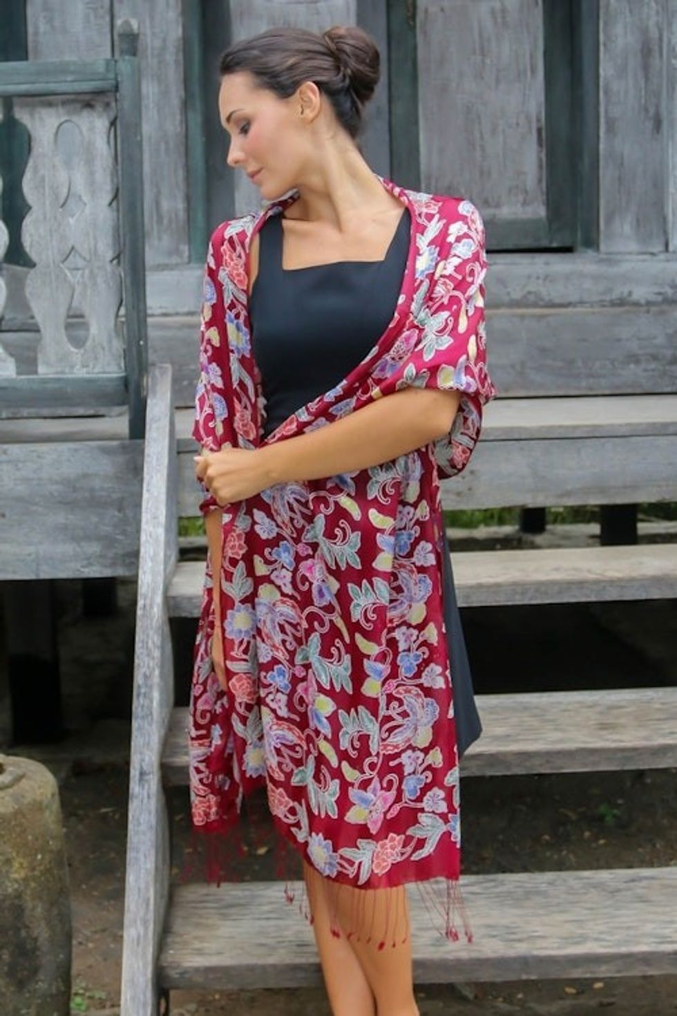 Burgundy Silk Hand Stamped Floral Batik Shawl from Bali 'Wine in the Garden'