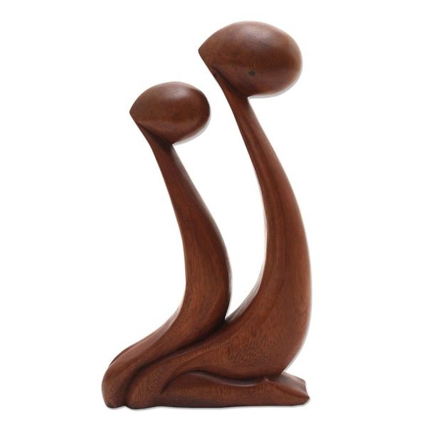 Alternate image for Parent and Child Hand Carved Suar Wood Sculpture Star Gazing