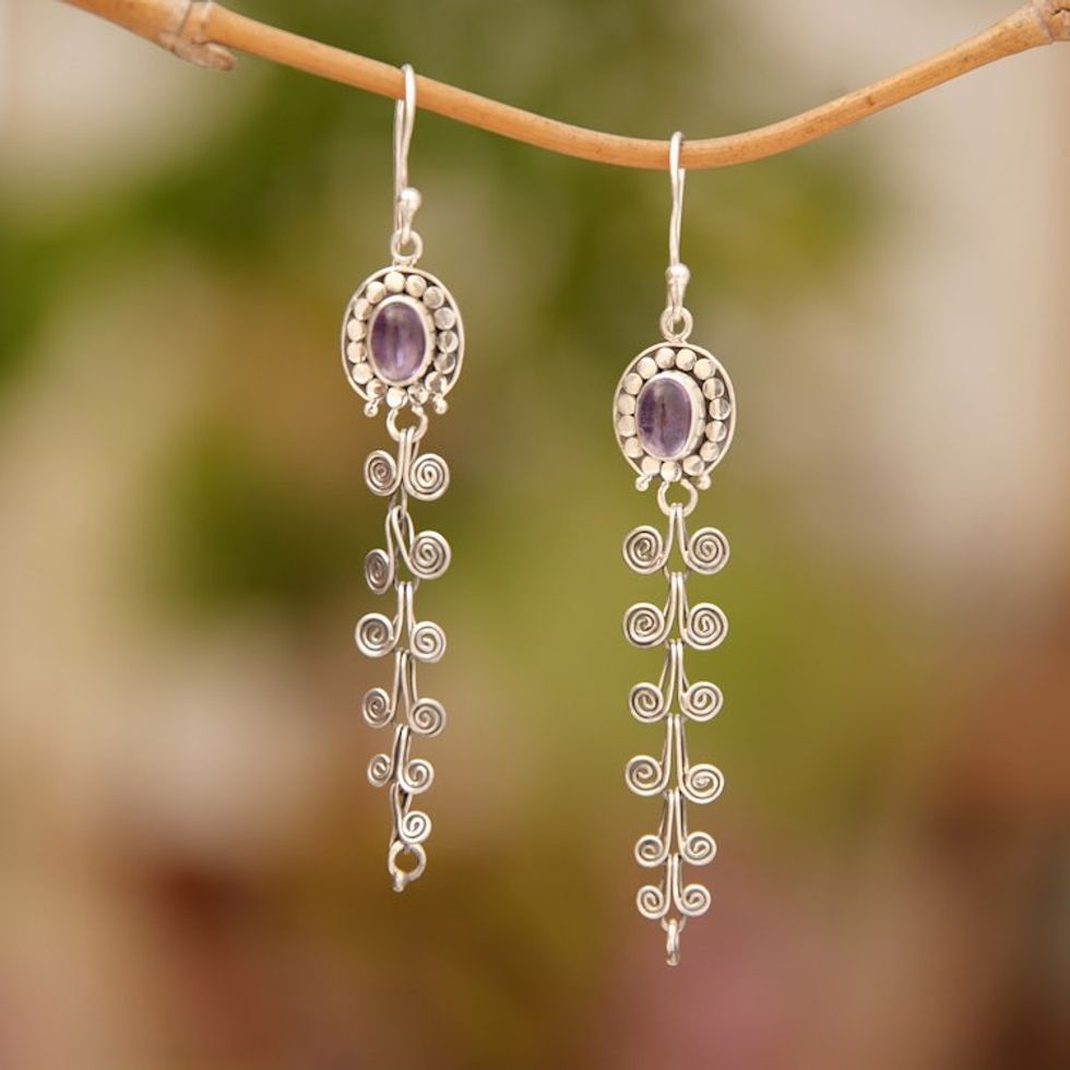 Amethyst and Sterling Silver Dangle Earrings from Indonesia 'Dancing Curves'