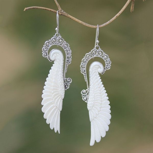 Alternate image for Sterling Silver and Bone Wing Dangle Earrings from Bali Ready to Fly