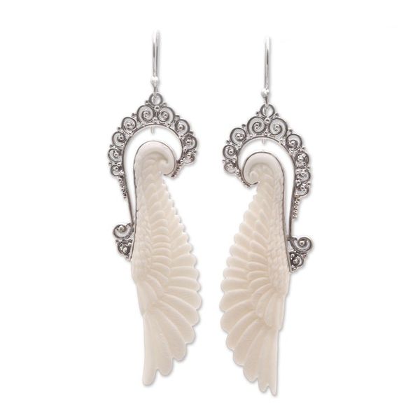 Alternate image for Sterling Silver and Bone Wing Dangle Earrings from Bali Ready to Fly