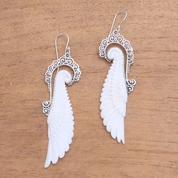Alternate image for Sterling Silver and Bone Wing Dangle Earrings from Bali Ready to Fly