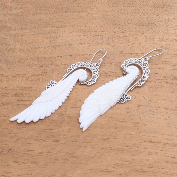 Alternate image for Sterling Silver and Bone Wing Dangle Earrings from Bali Ready to Fly