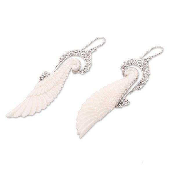 Alternate image for Sterling Silver and Bone Wing Dangle Earrings from Bali Ready to Fly