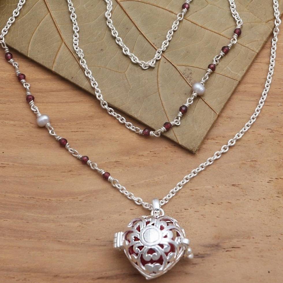 Bali Cultured Pearl Garnet Silver Harmony Ball Necklace 'Angel Lullaby'