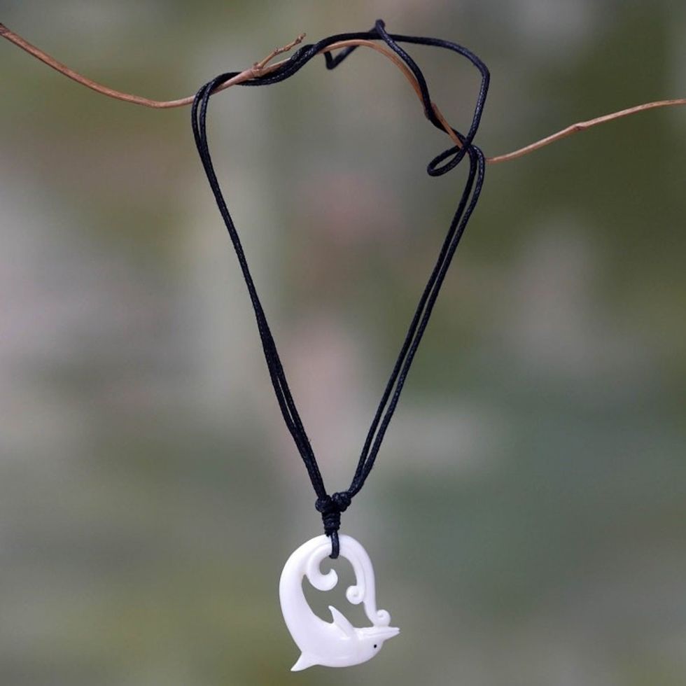 Dolphin Carved Bone Pendant Necklace on Black Cord 'Lonely Dolphin'