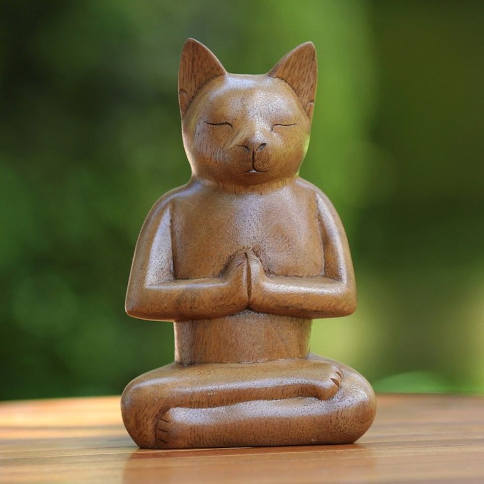 Wood Cat Sculpture from Indonesia 'Cat in Deep Meditation'