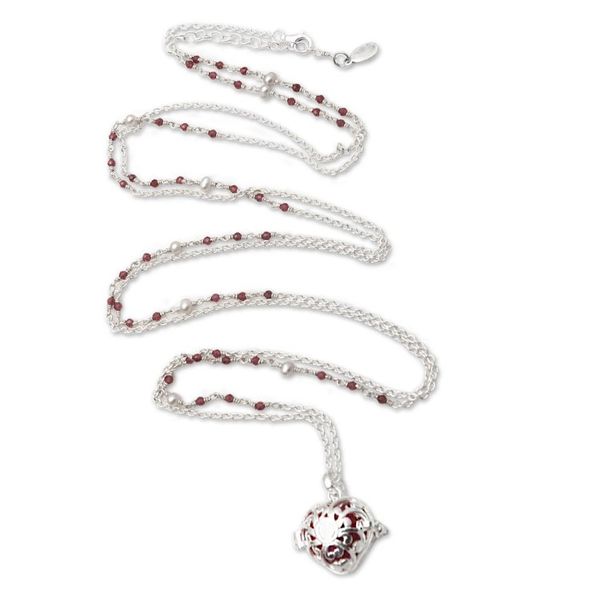 Alternate image for Bali Cultured Pearl Garnet Silver Harmony Ball Necklace Angel Lullaby