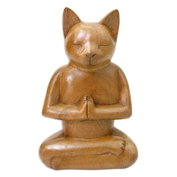 Alternate image for Wood Cat Sculpture from Indonesia Cat in Deep Meditation