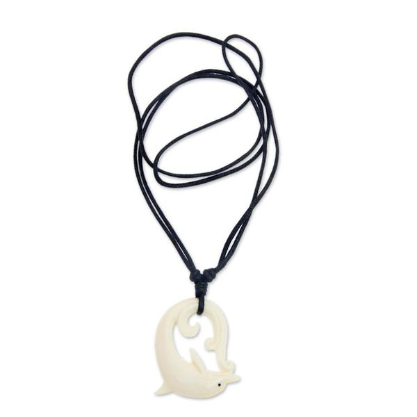 Alternate image for Dolphin Carved Bone Pendant Necklace on Black Cord Lonely Dolphin