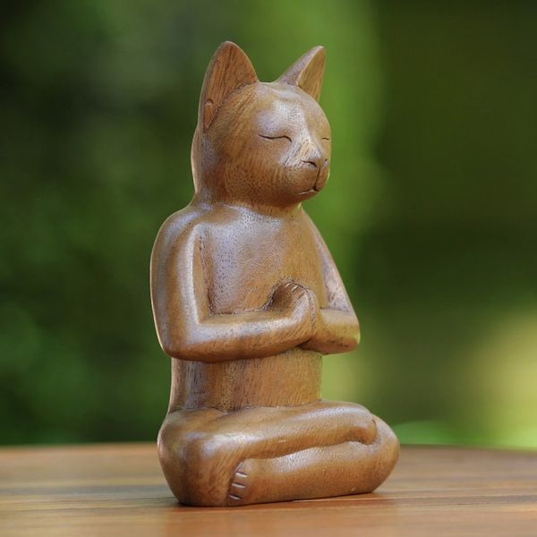 Alternate image for Wood Cat Sculpture from Indonesia Cat in Deep Meditation