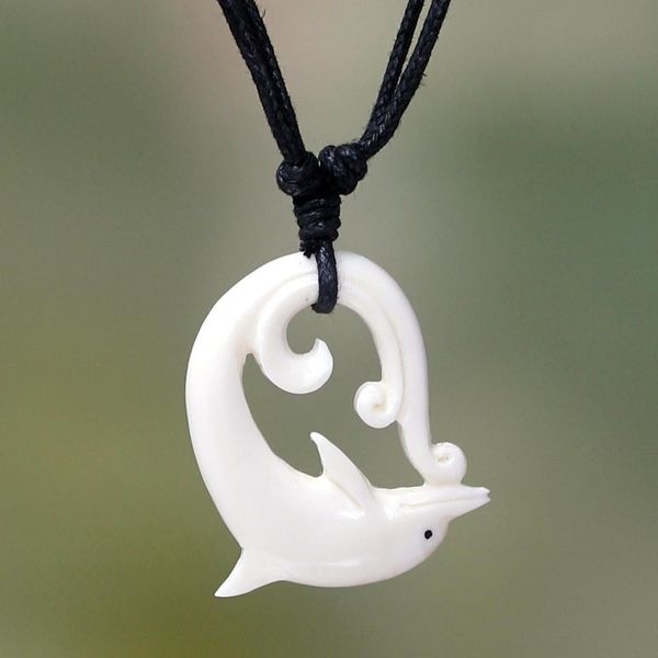 Alternate image for Dolphin Carved Bone Pendant Necklace on Black Cord Lonely Dolphin