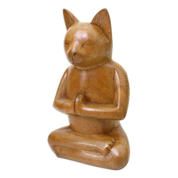 Alternate image for Wood Cat Sculpture from Indonesia Cat in Deep Meditation