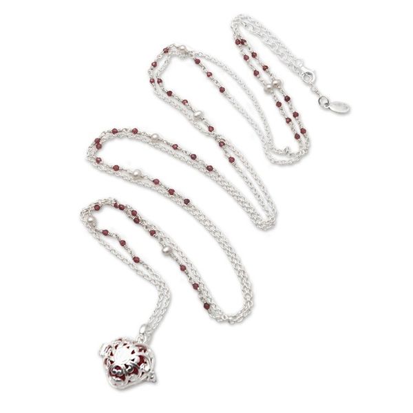 Alternate image for Bali Cultured Pearl Garnet Silver Harmony Ball Necklace Angel Lullaby