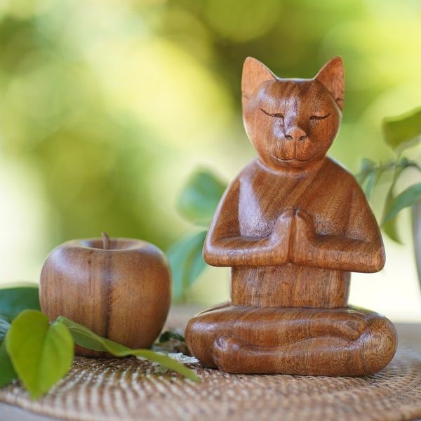 Alternate image for Wood Cat Sculpture from Indonesia Cat in Deep Meditation