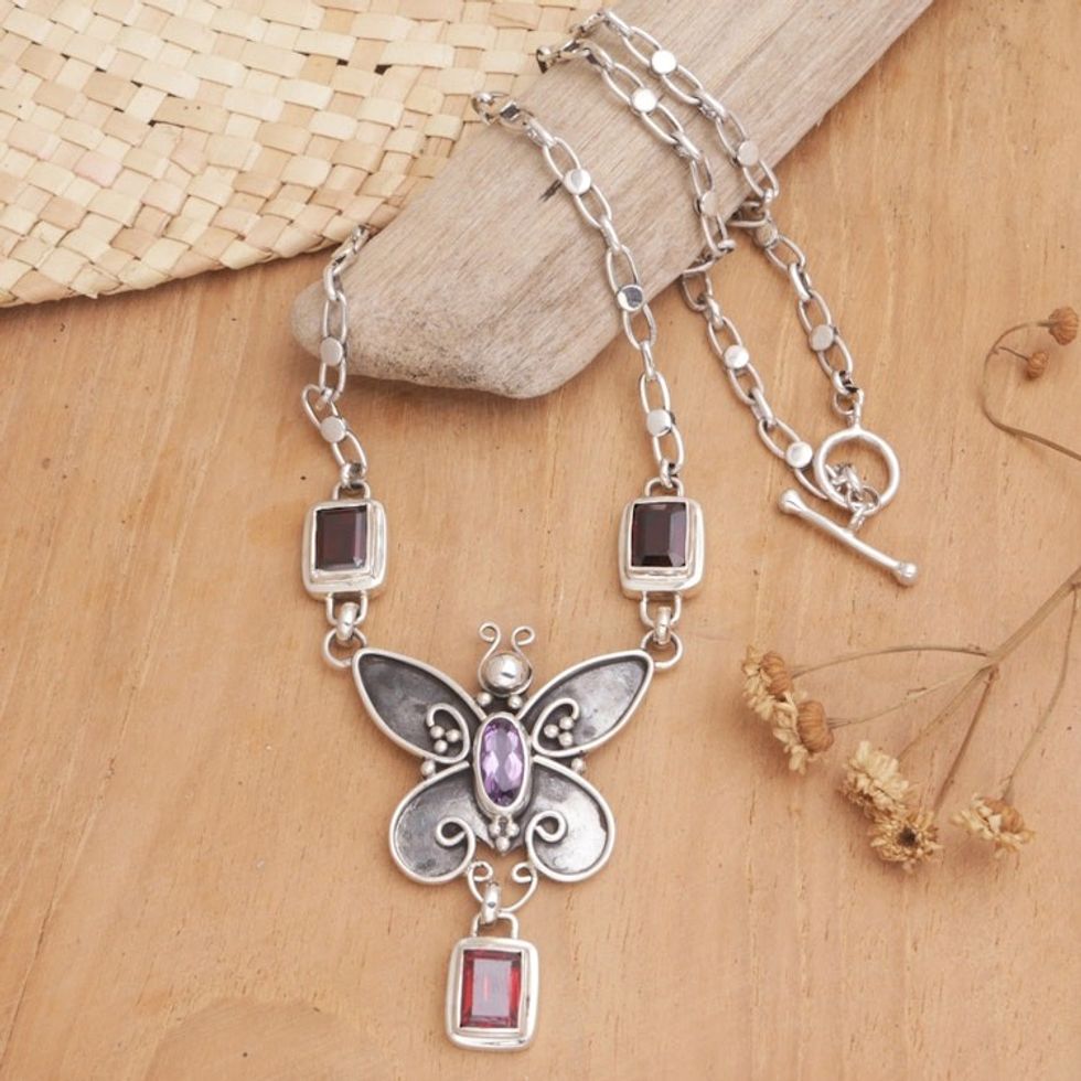 Garnet and Amethyst Necklace 'Victorian Butterfly' Handmade: A